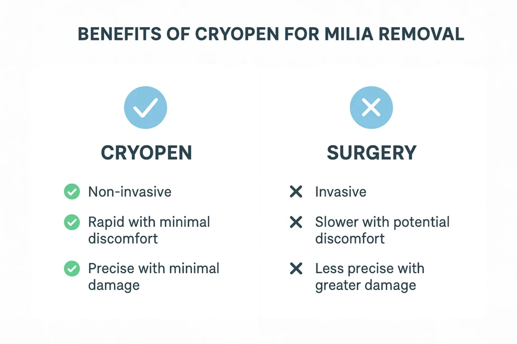 Benefits of cryopen for milia removal Salisbury compared to surgical treatments.