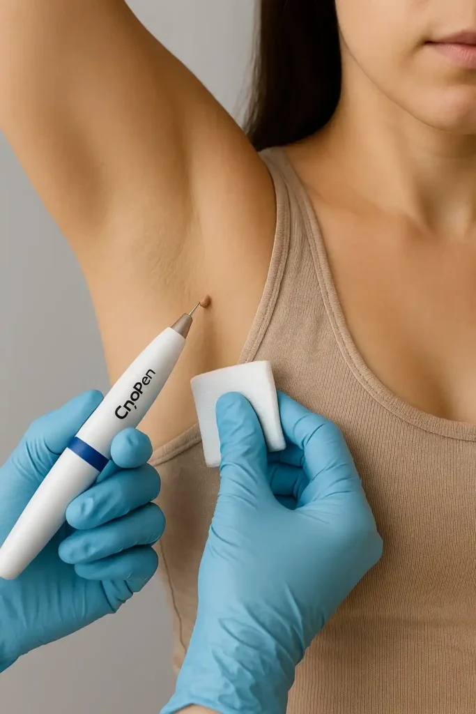 woman having cryopen to remove underarm skin tags Salisbury