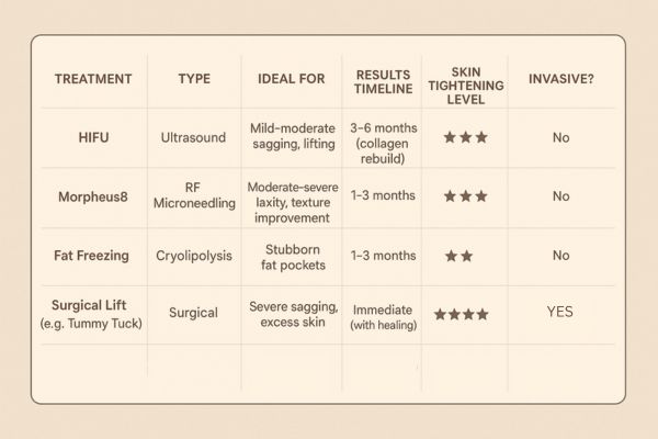 Table showing the comparisons of Skin tightening Salisbury treatment options. 